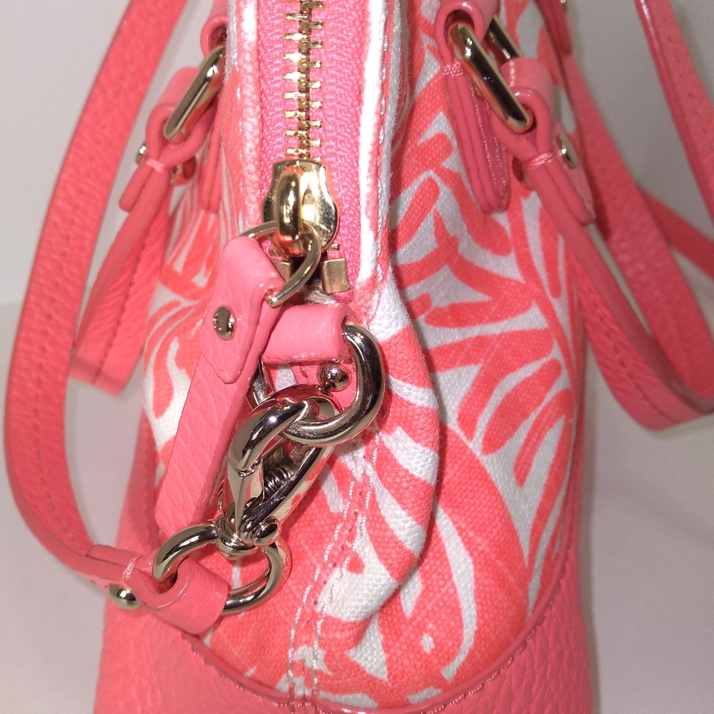 RARE Kate Spade Genuine Leather Pink & White Canvas Palm Tree Satchel Cr… - Picture 6 of 16